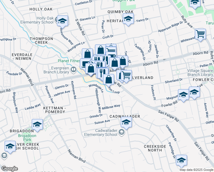 map of restaurants, bars, coffee shops, grocery stores, and more near 3365 Keaton Loop in San Jose