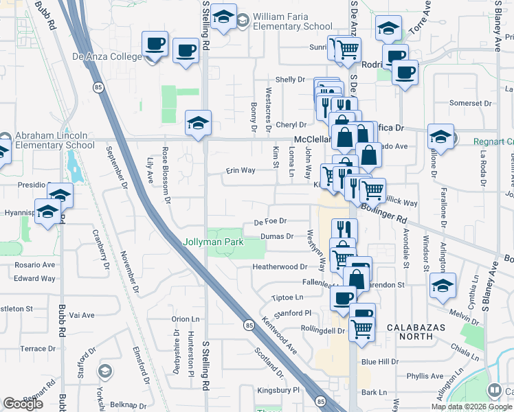 map of restaurants, bars, coffee shops, grocery stores, and more near 7572 Bollinger Road in Cupertino