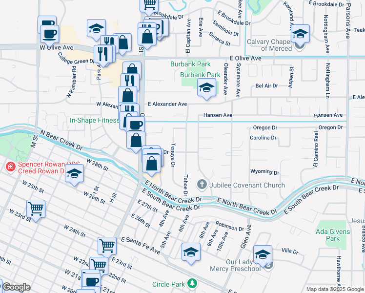 map of restaurants, bars, coffee shops, grocery stores, and more near 2911 Tahoe Drive in Merced
