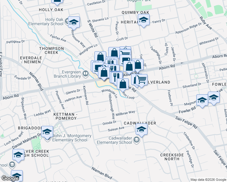 map of restaurants, bars, coffee shops, grocery stores, and more near 3382 Woodside Lane in San Jose