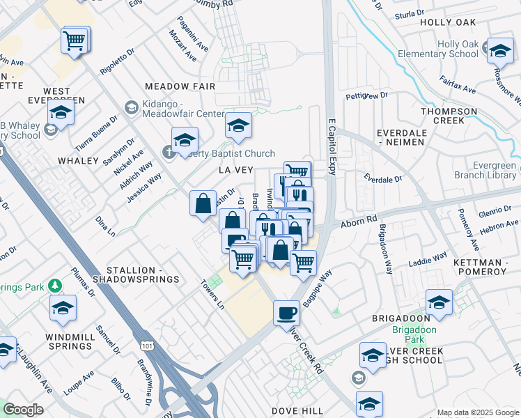 map of restaurants, bars, coffee shops, grocery stores, and more near 2951 Irwindale Drive in San Jose