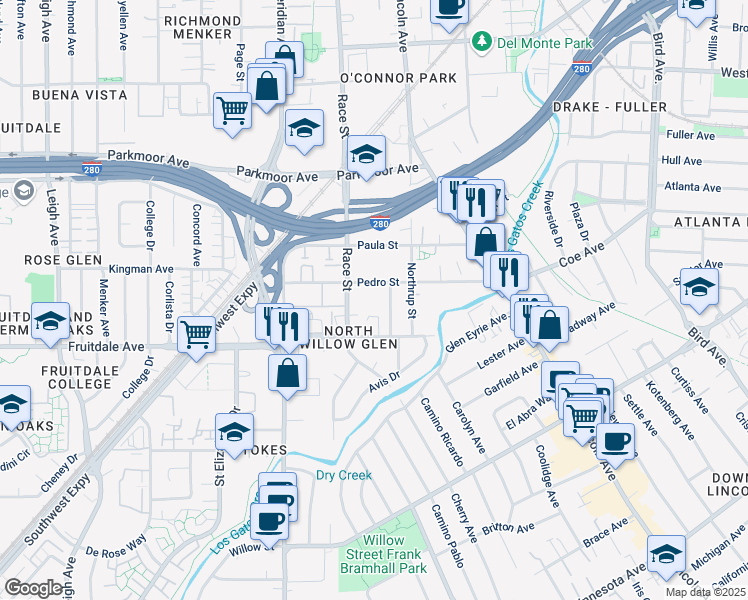 map of restaurants, bars, coffee shops, grocery stores, and more near 913 Delbert Way in San Jose