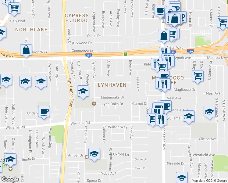 map of restaurants, bars, coffee shops, grocery stores, and more near 804 Blaisdell Court in San Jose