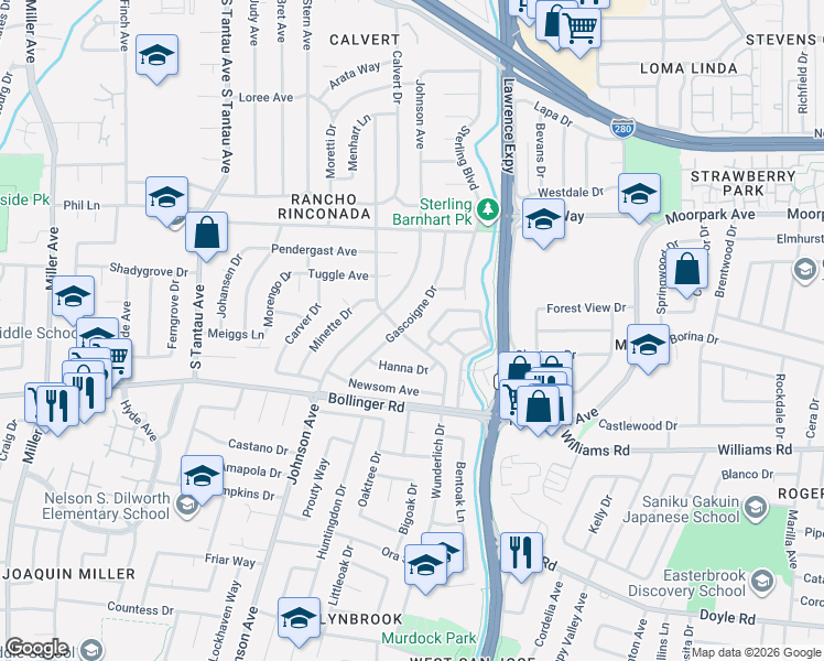 map of restaurants, bars, coffee shops, grocery stores, and more near 10654 Gascoigne Drive in Cupertino