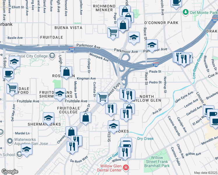 map of restaurants, bars, coffee shops, grocery stores, and more near 798 Deland Avenue in San Jose