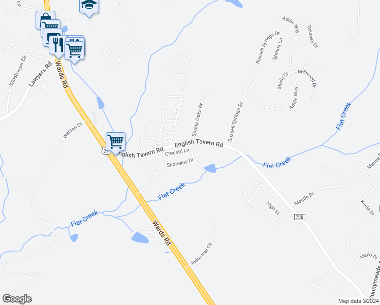 map of restaurants, bars, coffee shops, grocery stores, and more near 6 Crocetti Lane in Lynchburg