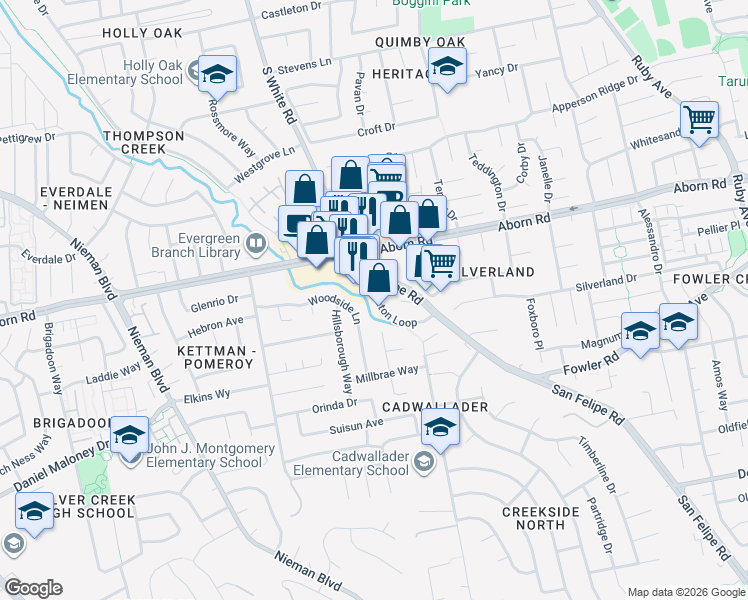map of restaurants, bars, coffee shops, grocery stores, and more near 3365 Keaton Loop in San Jose