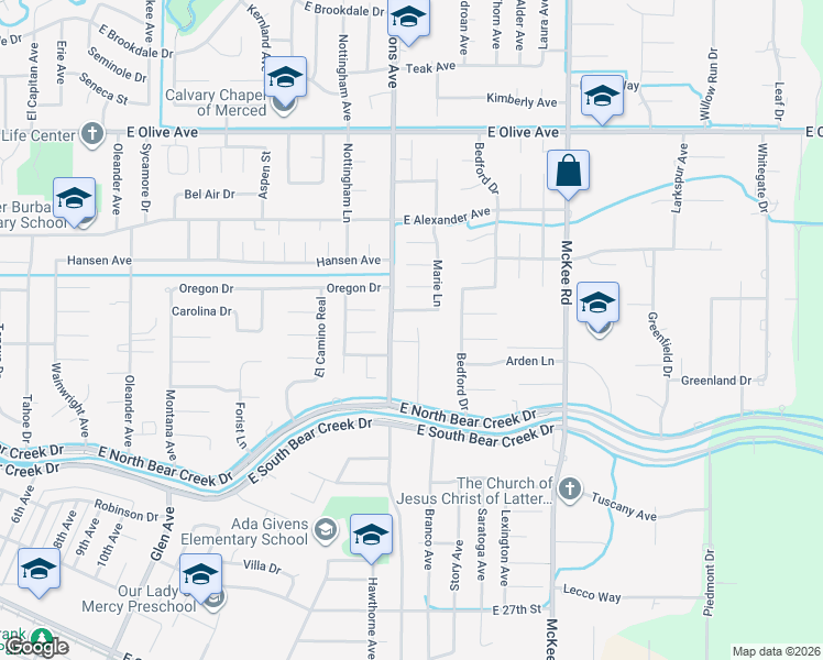 map of restaurants, bars, coffee shops, grocery stores, and more near 1785 East North Bear Creek Drive in Merced