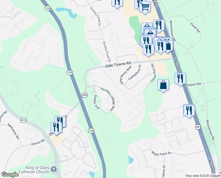 map of restaurants, bars, coffee shops, grocery stores, and more near 40 Delaware Circle in Williamsburg