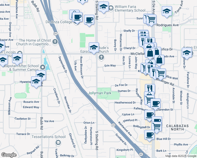 map of restaurants, bars, coffee shops, grocery stores, and more near 10732 South Stelling Road in Cupertino