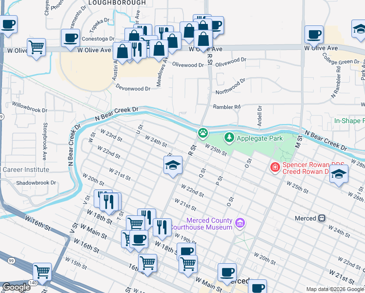 map of restaurants, bars, coffee shops, grocery stores, and more near 1135 West Santa Fe Avenue in Merced