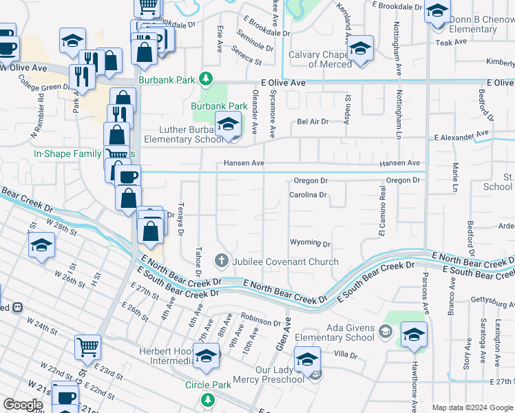 map of restaurants, bars, coffee shops, grocery stores, and more near 2909 Oleander Avenue in Merced