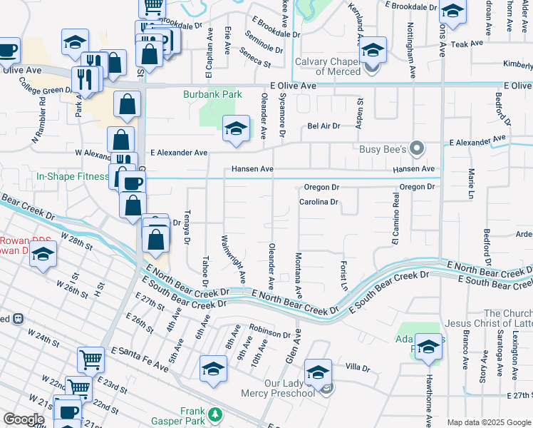 map of restaurants, bars, coffee shops, grocery stores, and more near 2909 Oleander Avenue in Merced