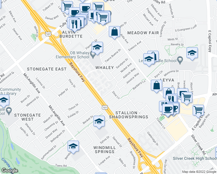 map of restaurants, bars, coffee shops, grocery stores, and more near 2777 Flagstad Court in San Jose
