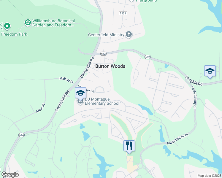 map of restaurants, bars, coffee shops, grocery stores, and more near 3768 Mulberry Lane in Williamsburg