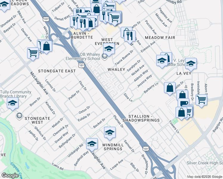 map of restaurants, bars, coffee shops, grocery stores, and more near 1498 Carmen Court in San Jose