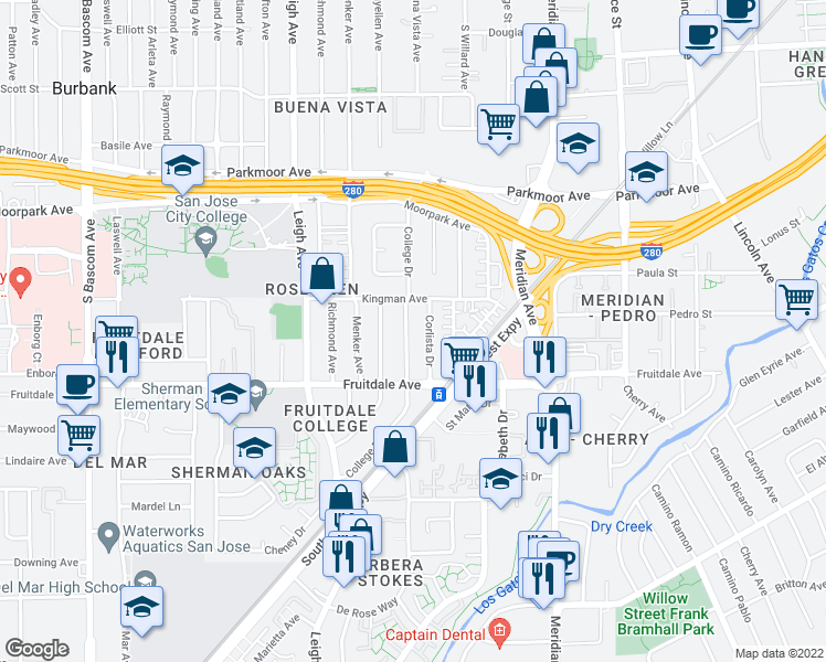 map of restaurants, bars, coffee shops, grocery stores, and more near 810 College Drive in San Jose