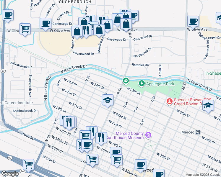 map of restaurants, bars, coffee shops, grocery stores, and more near 2410 S Street in Merced