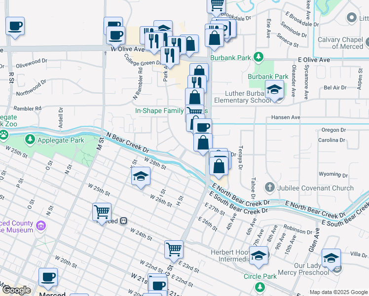 map of restaurants, bars, coffee shops, grocery stores, and more near 2803 Park Avenue in Merced