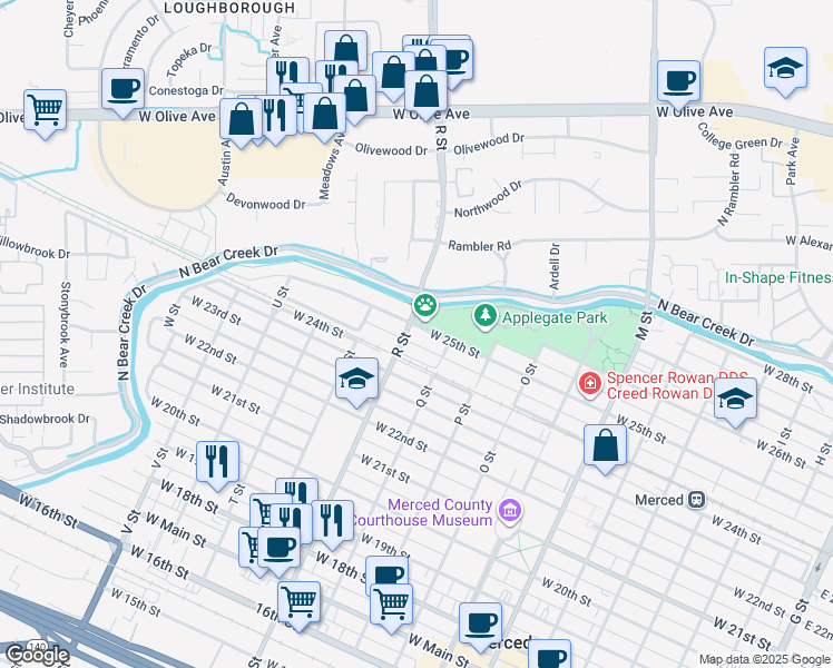 map of restaurants, bars, coffee shops, grocery stores, and more near 1050 West 25th Street in Merced