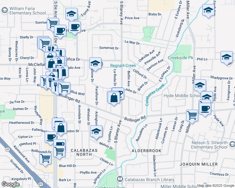 map of restaurants, bars, coffee shops, grocery stores, and more near 10715 South Blaney Avenue in Cupertino