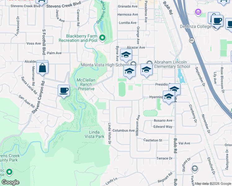 map of restaurants, bars, coffee shops, grocery stores, and more near 22066 Linda Vista Place in Cupertino