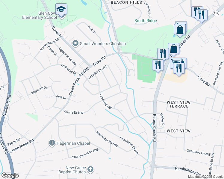 map of restaurants, bars, coffee shops, grocery stores, and more near 4526 Biltmore Drive Northwest in Roanoke