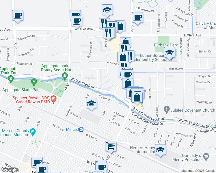 map of restaurants, bars, coffee shops, grocery stores, and more near 2813 Park Avenue in Merced