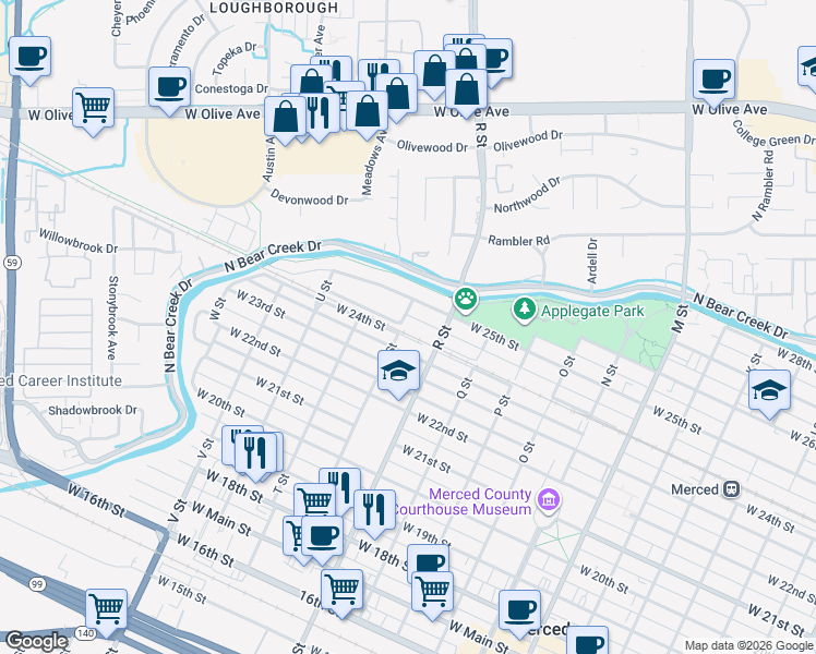 map of restaurants, bars, coffee shops, grocery stores, and more near 1135 West Santa Fe Avenue in Merced