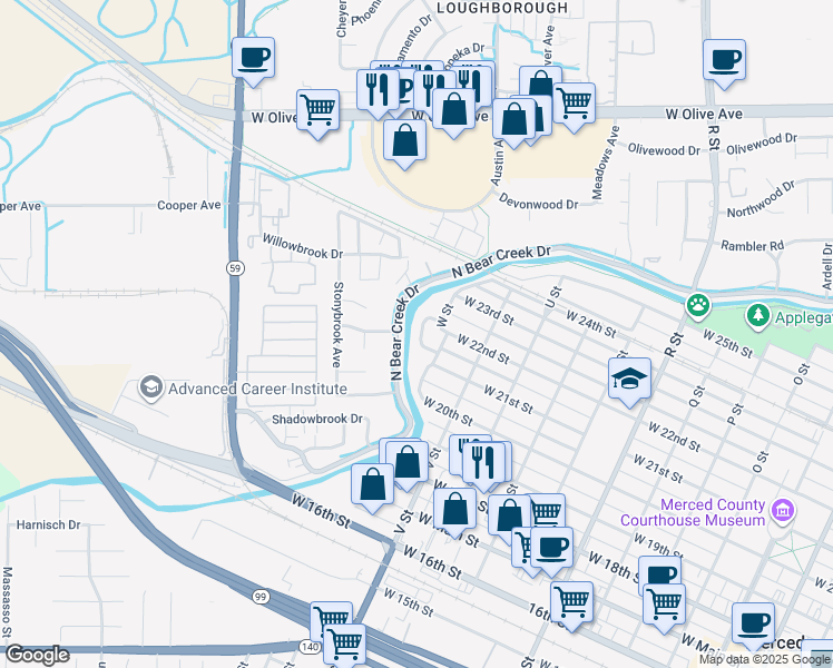 map of restaurants, bars, coffee shops, grocery stores, and more near 1650 Patricia Lane in Merced