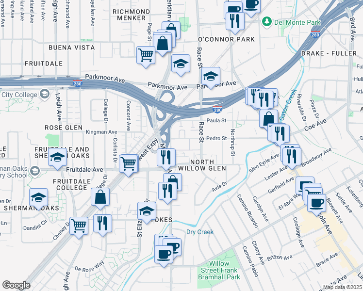 map of restaurants, bars, coffee shops, grocery stores, and more near 840 Meridian Way in San Jose