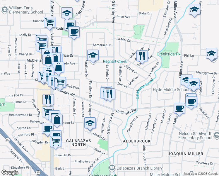 map of restaurants, bars, coffee shops, grocery stores, and more near 10715 South Blaney Avenue in Cupertino