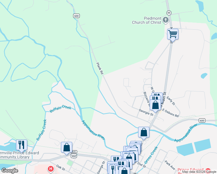 map of restaurants, bars, coffee shops, grocery stores, and more near 600-698 Old Plank Road in Farmville