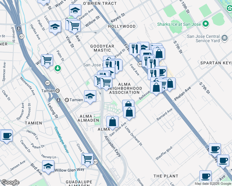 map of restaurants, bars, coffee shops, grocery stores, and more near 1478 Little Orchard Street in San Jose