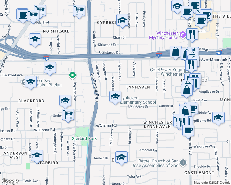map of restaurants, bars, coffee shops, grocery stores, and more near 828 Widget Drive in San Jose