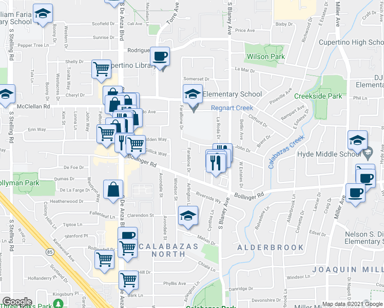 map of restaurants, bars, coffee shops, grocery stores, and more near 10706 Farallone Drive in Cupertino