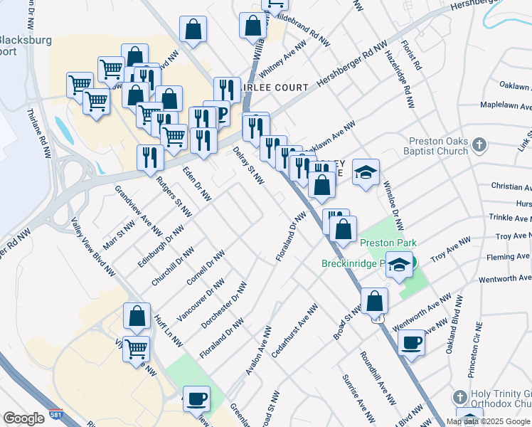 map of restaurants, bars, coffee shops, grocery stores, and more near 4601 Pawling Street Northwest in Roanoke