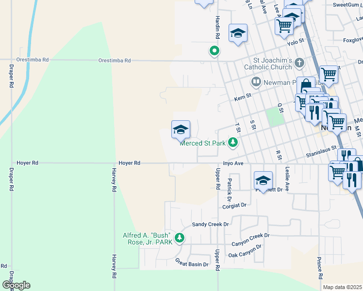 map of restaurants, bars, coffee shops, grocery stores, and more near 901 Hoyer Road in Newman