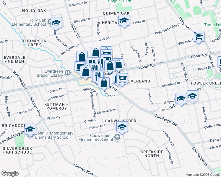 map of restaurants, bars, coffee shops, grocery stores, and more near 2665 Caterpillar Court in San Jose