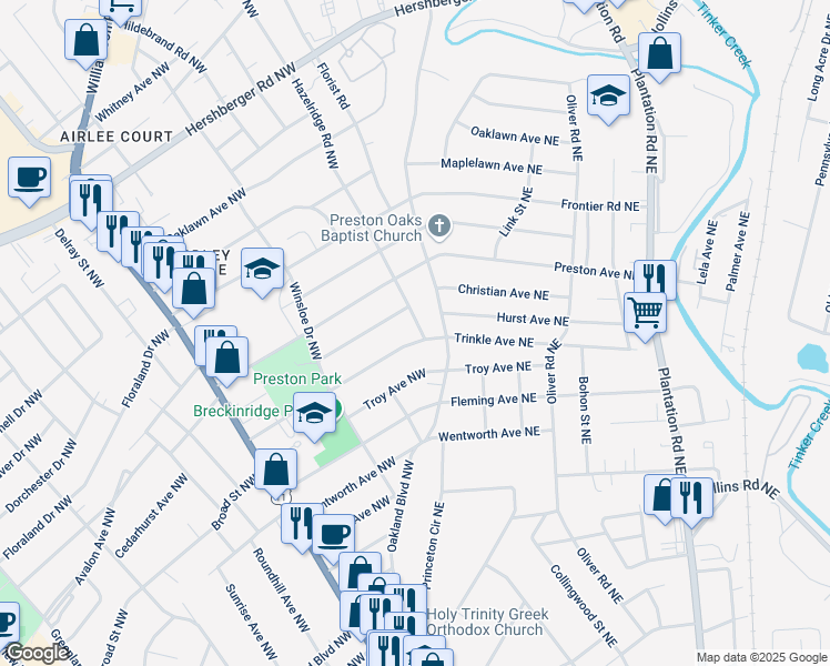 map of restaurants, bars, coffee shops, grocery stores, and more near 3342 Trinkle Ave NW in Roanoke