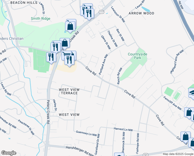 map of restaurants, bars, coffee shops, grocery stores, and more near 4418 Cove Road in Roanoke