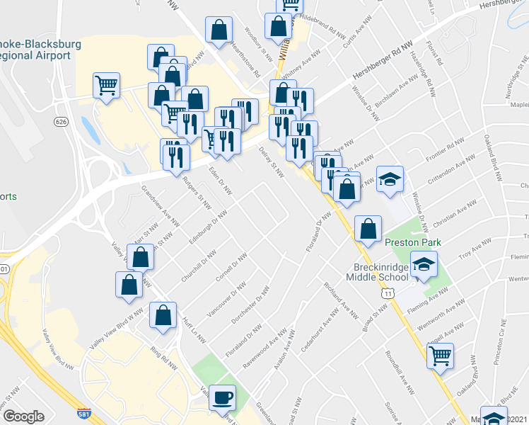 map of restaurants, bars, coffee shops, grocery stores, and more near 4624 Daleville Street Northwest in Roanoke