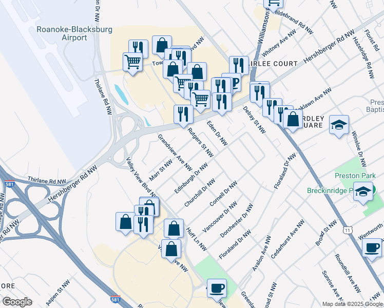 map of restaurants, bars, coffee shops, grocery stores, and more near 2622 Durham Street Northwest in Roanoke