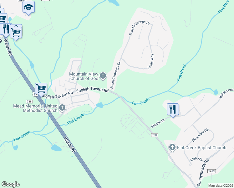 map of restaurants, bars, coffee shops, grocery stores, and more near 2241 County Road 738 in Lynchburg