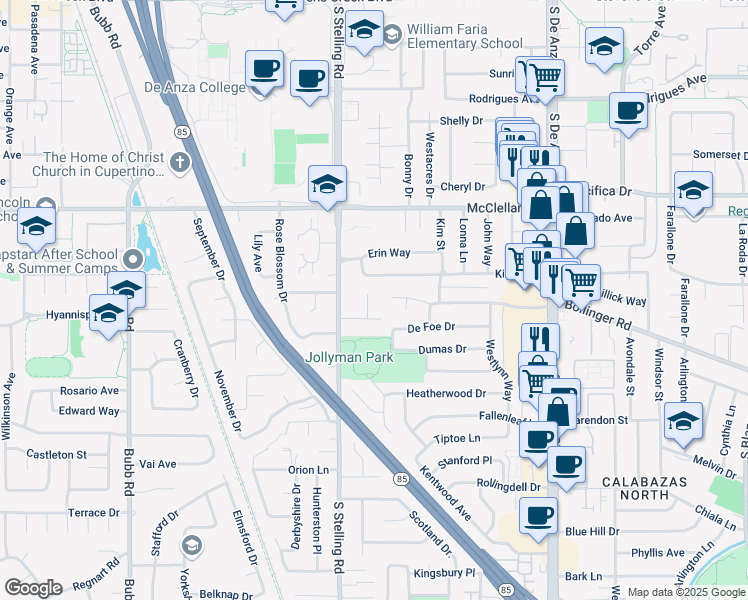 map of restaurants, bars, coffee shops, grocery stores, and more near 10730 Orline Court in Cupertino