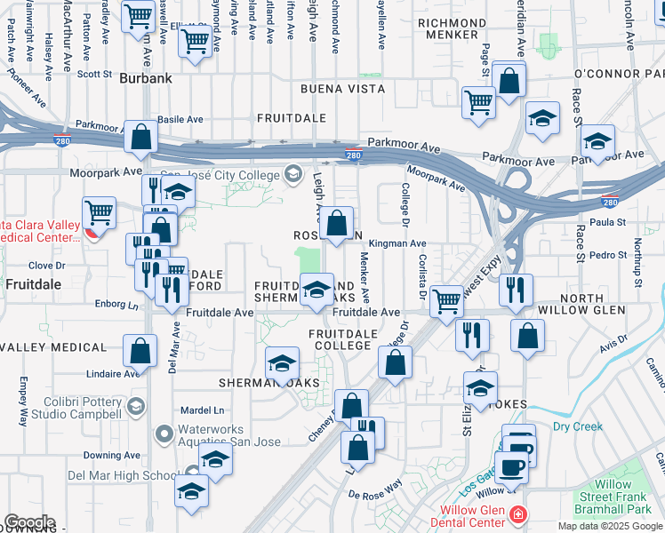 map of restaurants, bars, coffee shops, grocery stores, and more near 800 Leigh Avenue in San Jose