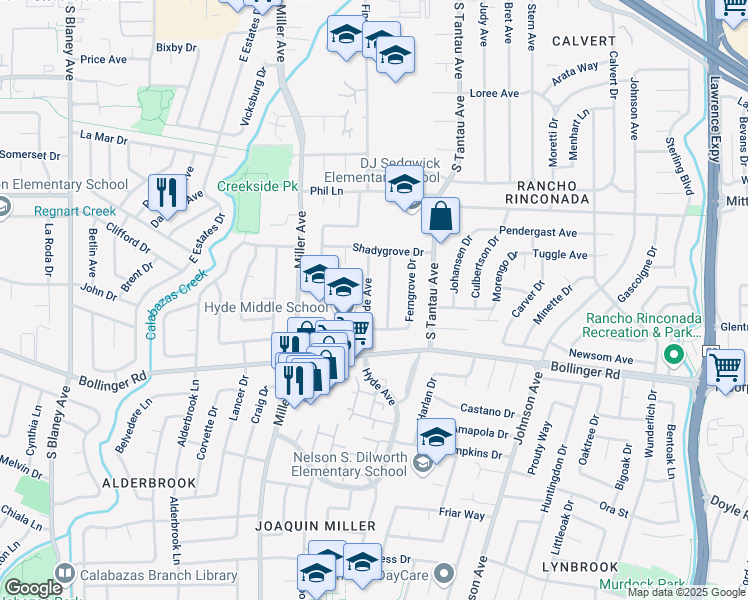 map of restaurants, bars, coffee shops, grocery stores, and more near 914 Hyde Avenue in Cupertino