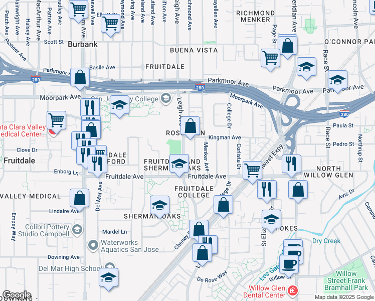 map of restaurants, bars, coffee shops, grocery stores, and more near 800 Leigh Avenue in San Jose