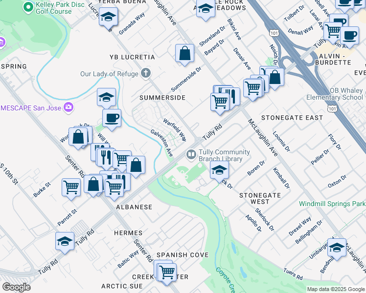 map of restaurants, bars, coffee shops, grocery stores, and more near 2358 Warfield Way in San Jose