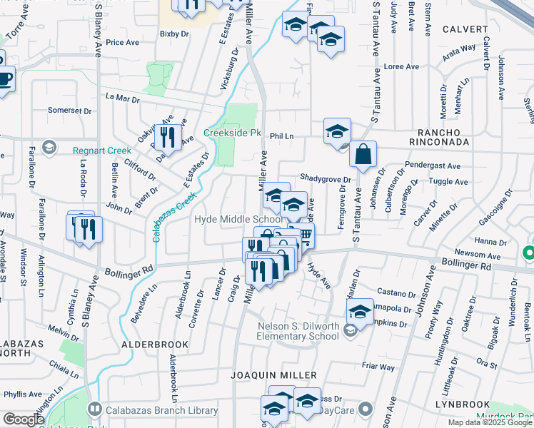 map of restaurants, bars, coffee shops, grocery stores, and more near 892 Miller Avenue in Cupertino